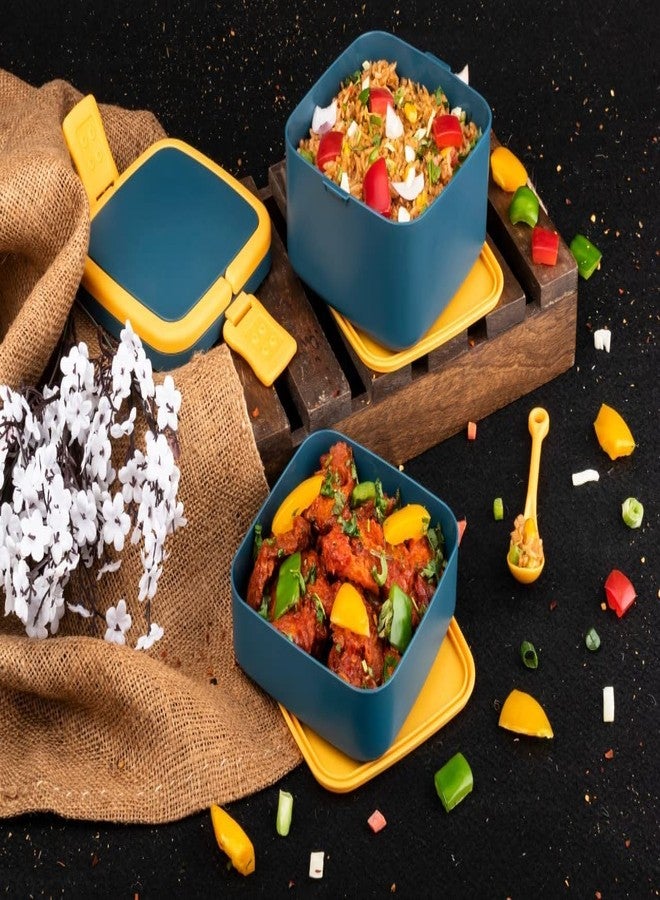 BLAGO 2 Compartment Lunch Box for Kids Reusable Microwave Freezer Safe Food Containers with Spoon for Adults and Kids (1Pc - Multicolor) (Square Travel Lunch Box) - Image 1